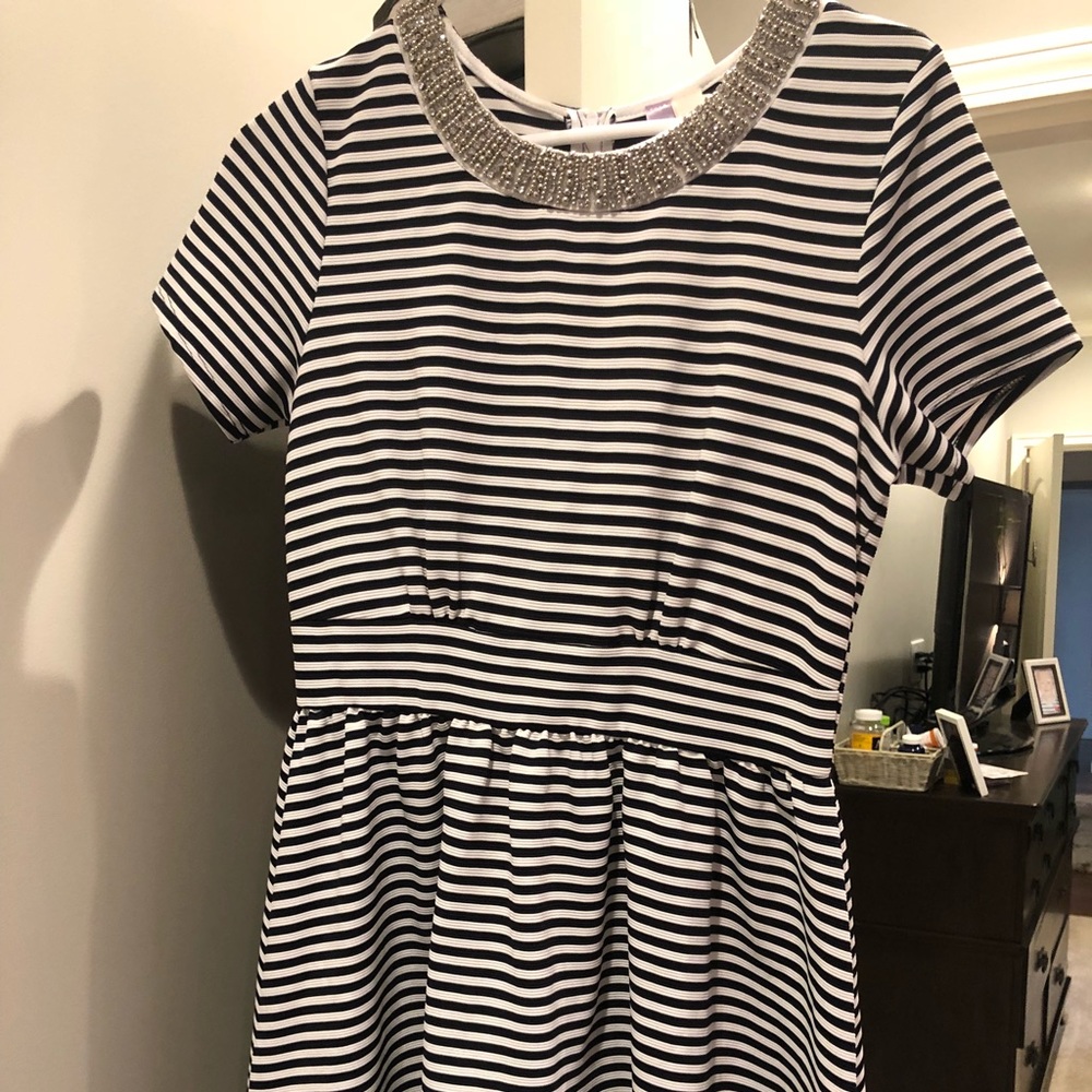 Stripe dress with attached rhinestone necklace